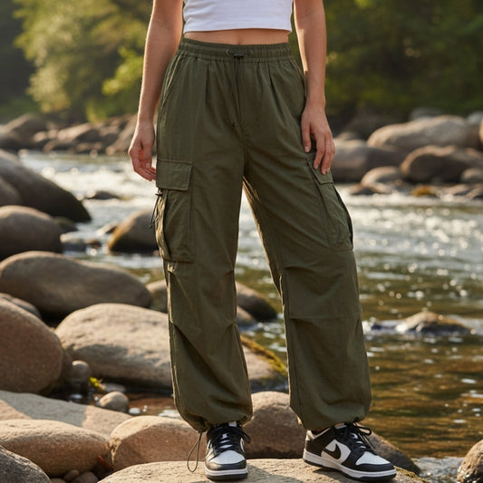 Pantalon cargo femme coton jambe large cordon de taille