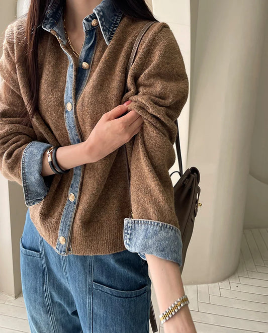 Cardigan femme panneaux denim contrastés col structuré