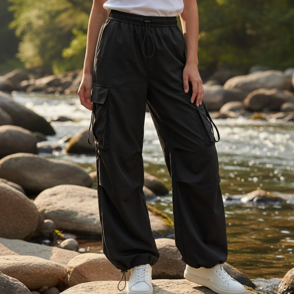 Pantalon cargo femme coton jambe large cordon de taille