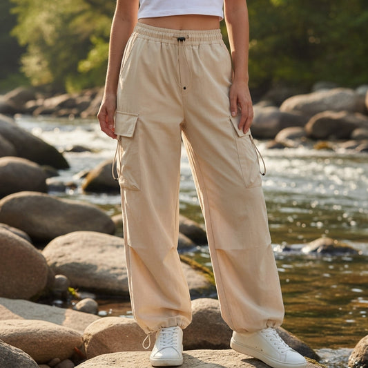 Pantalon cargo femme coton jambe large cordon de taille