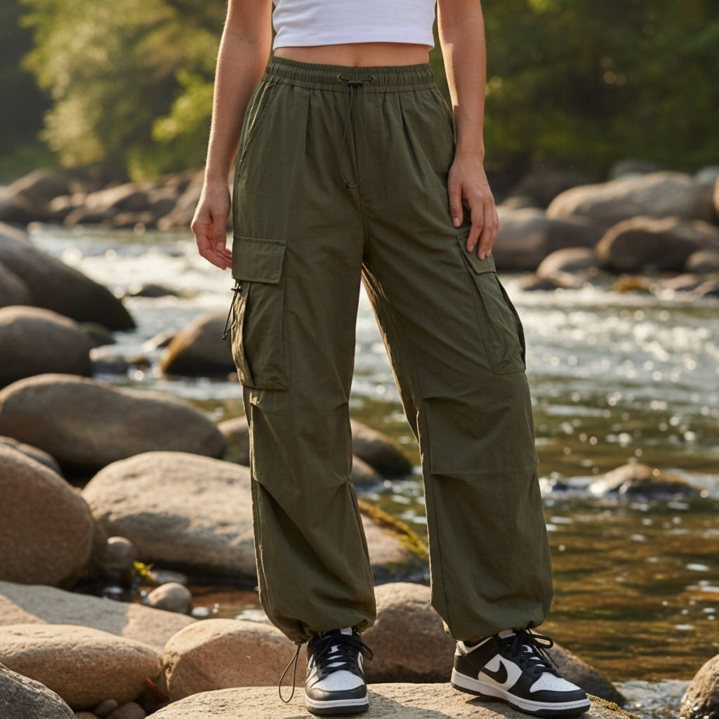 Pantalon cargo femme coton jambe large cordon de taille