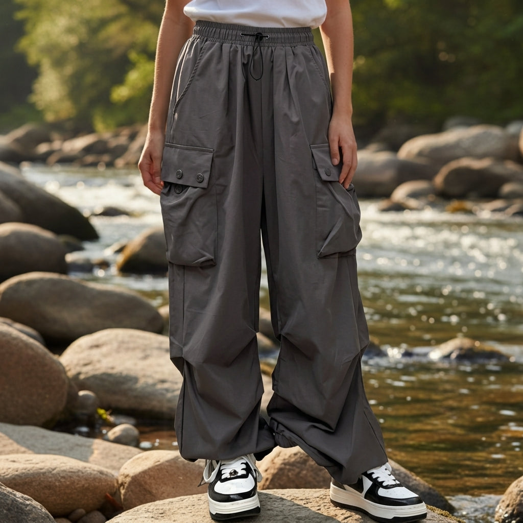 Pantalon cargo femme coton jambe large cordon de taille