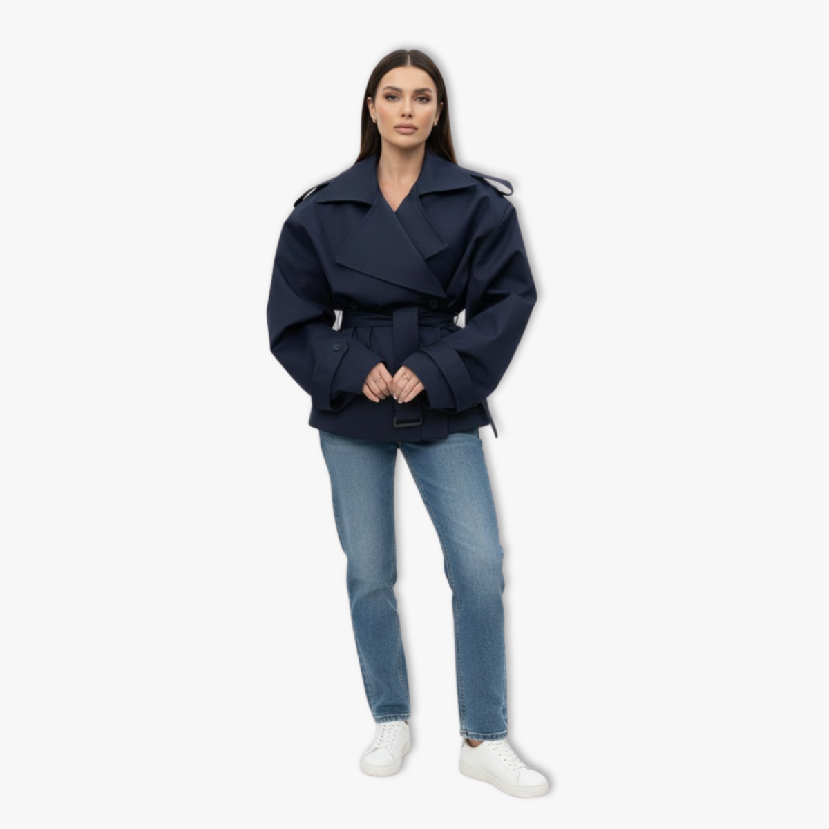 Trench court femme coupe-vent lacets revers structurés