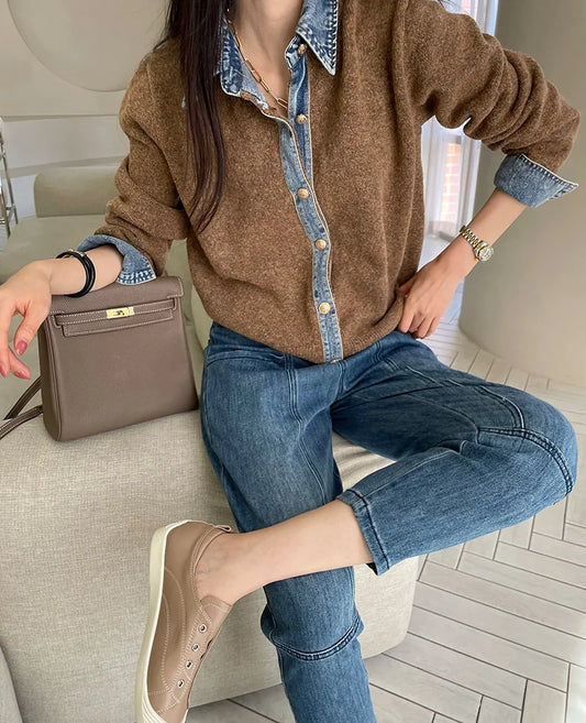 Cardigan femme panneaux denim contrastés col structuré